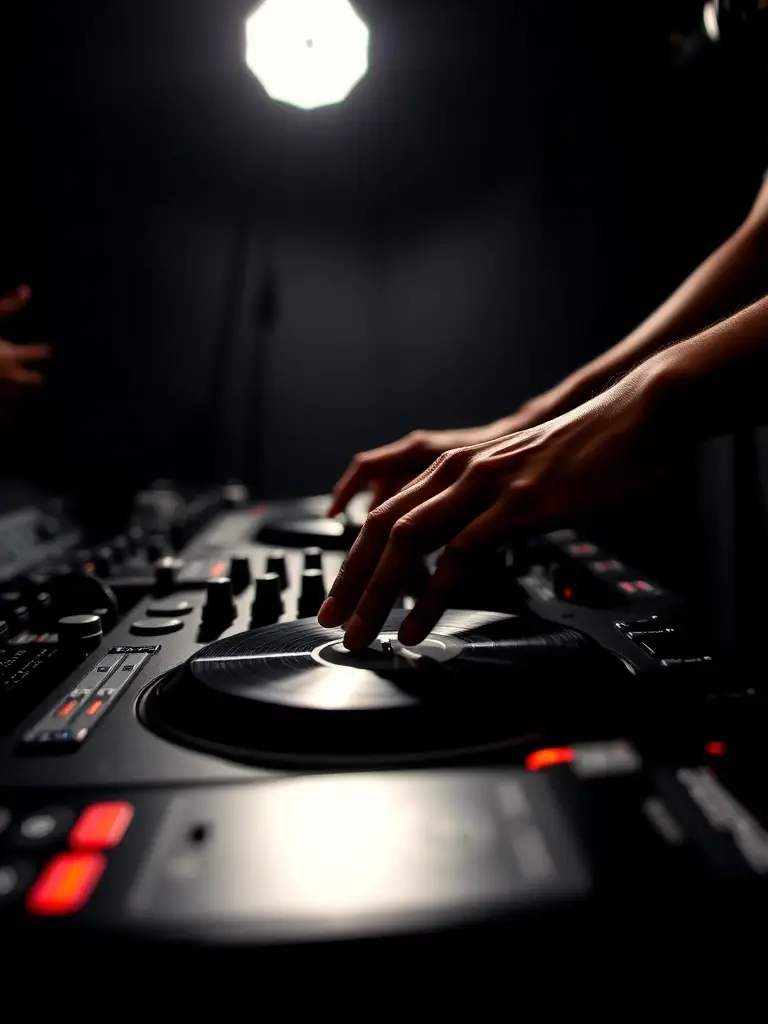 A focused image of a DJ demonstrating beatmatching techniques on two turntables, emphasizing the precision and skill involved in the Mixing course at BeatMaster Academy.