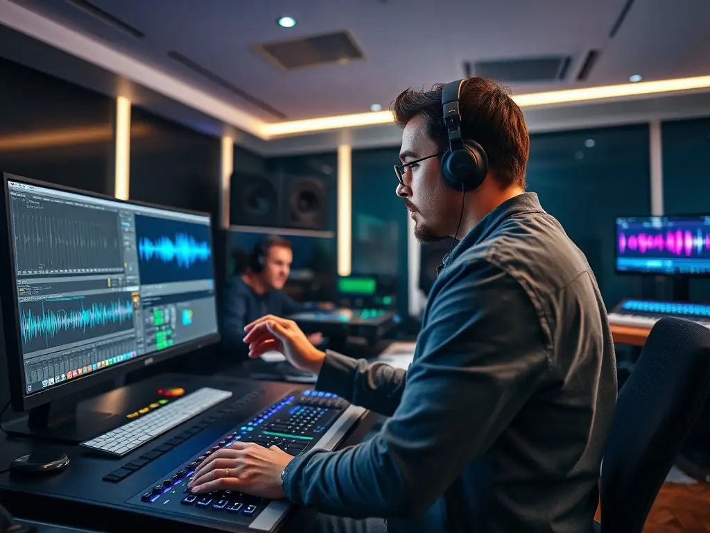 A focused image of a participant in a music production workshop, working on a digital audio workstation (DAW) with headphones on, surrounded by studio equipment.