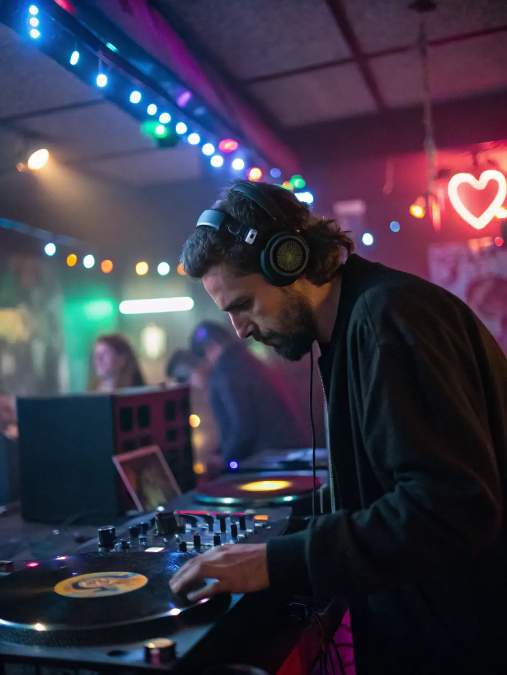 A DJ expertly mixing tracks on turntables in a vibrant studio setting, showcasing the Mixing course.
