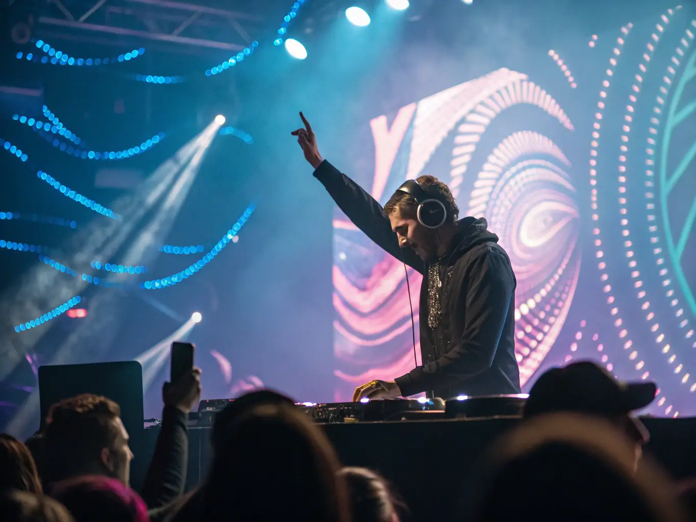 A group of DJs performing live on stage, showcasing their skills and energy to an enthusiastic crowd.