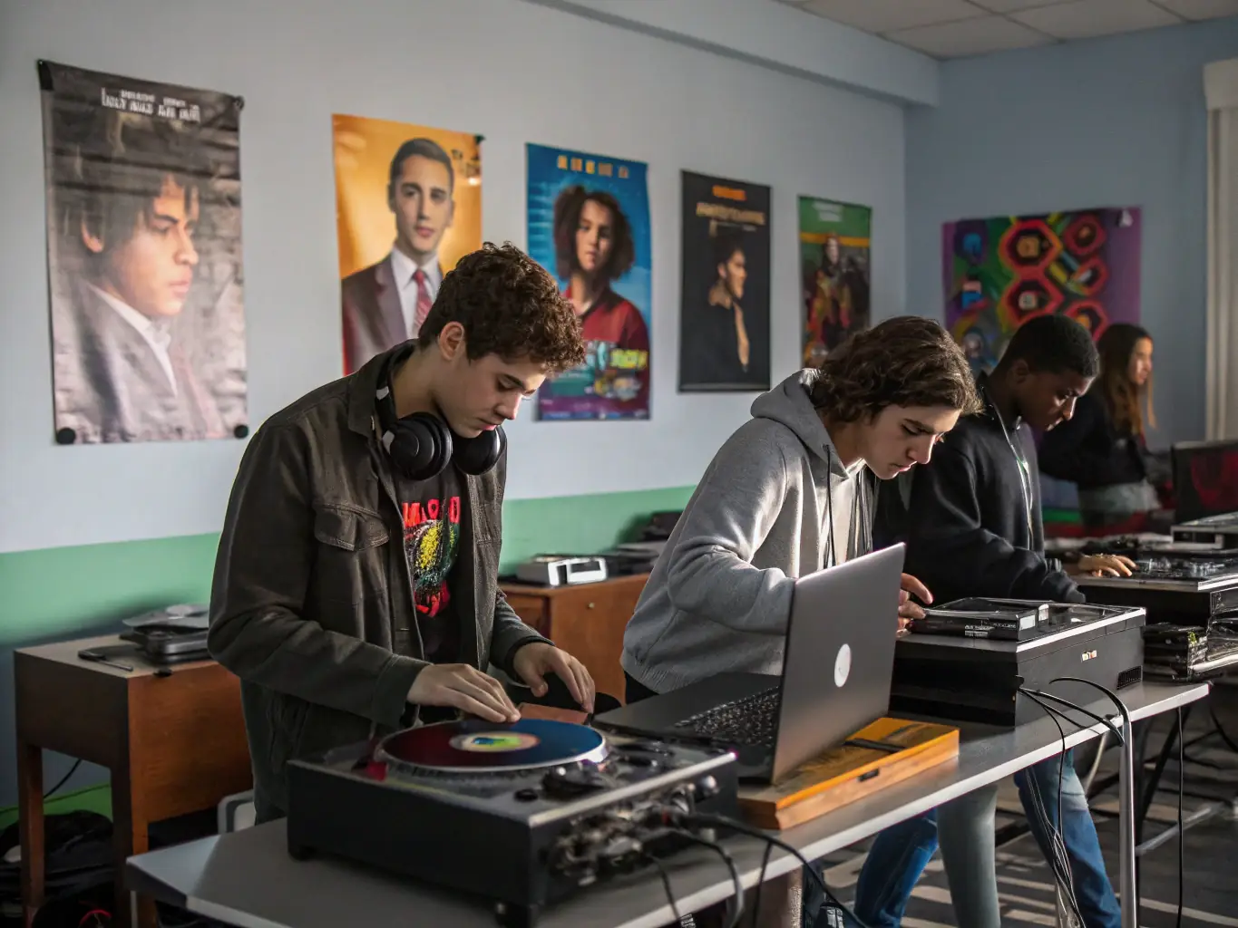 A dynamic image of a DJ workshop in progress, featuring participants actively engaged in learning mixing techniques on professional DJ equipment, with an instructor providing guidance.