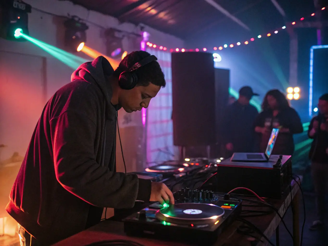 A DJ skillfully mixing tracks on turntables in a vibrant studio setting, showcasing advanced mixing techniques.