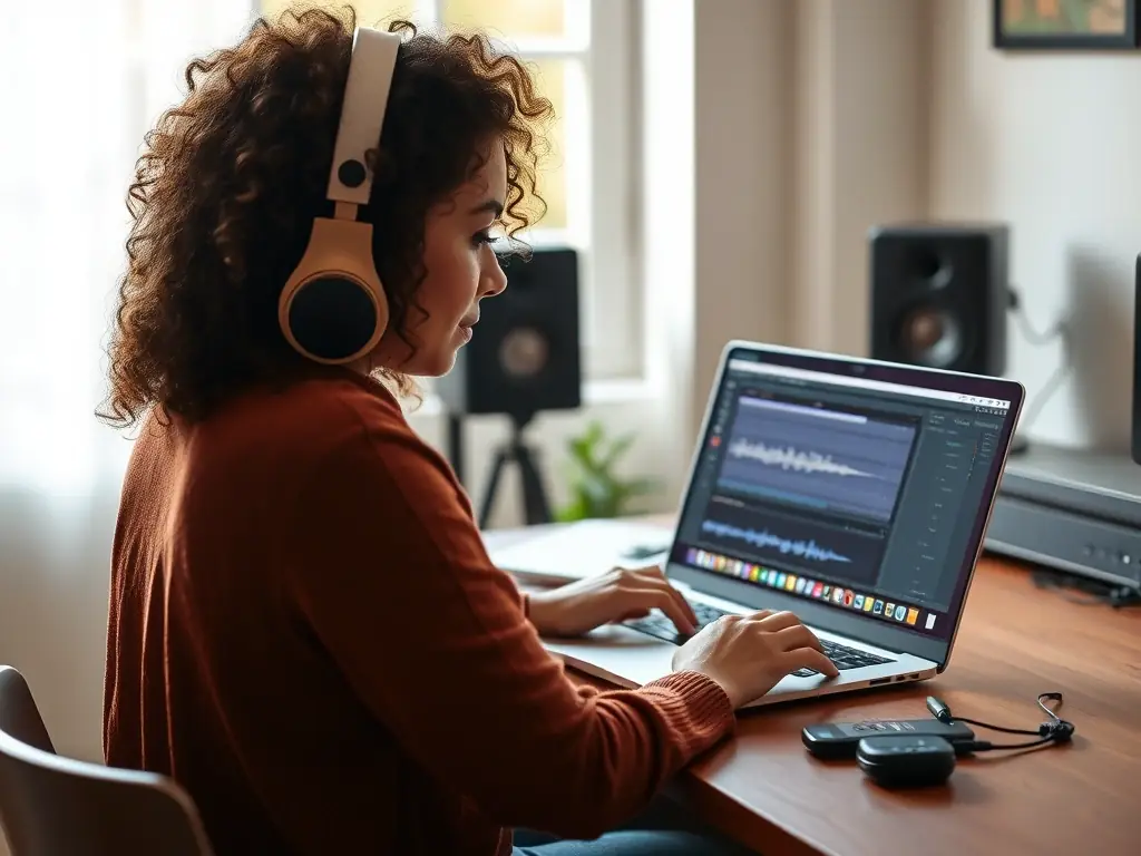 A student engrossed in music production software on a computer, surrounded by studio equipment.