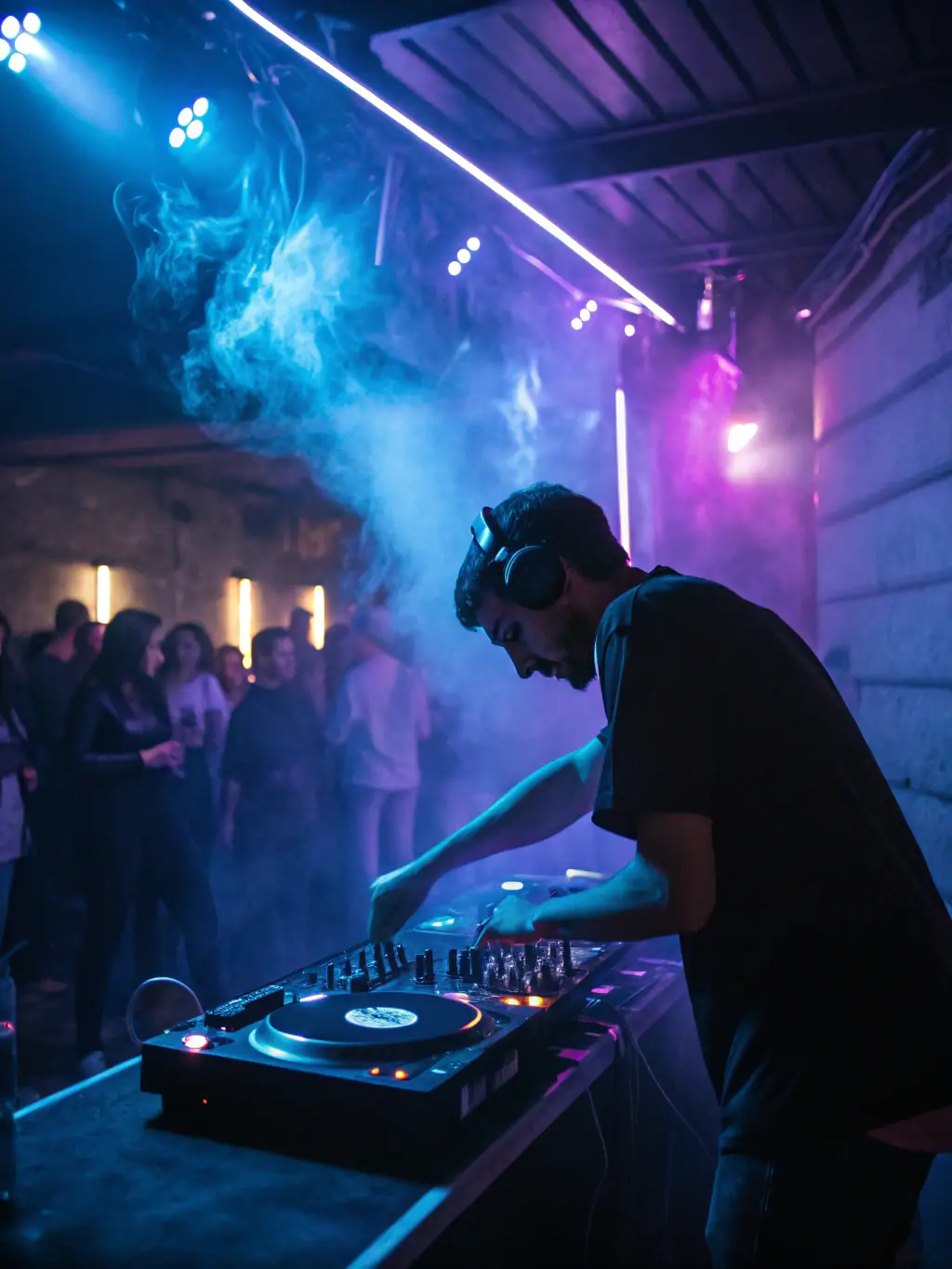 A dynamic shot of a DJ intensely scratching on a turntable, showcasing the energy and creativity of the Scratching course at BeatMaster Academy.